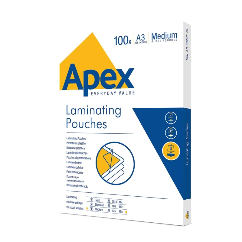 Apex A3 Medium Gloss Laminating Pouches 100x 303x428mm
