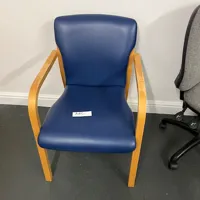 Blue Leather Reception Chair with Wooden Arms