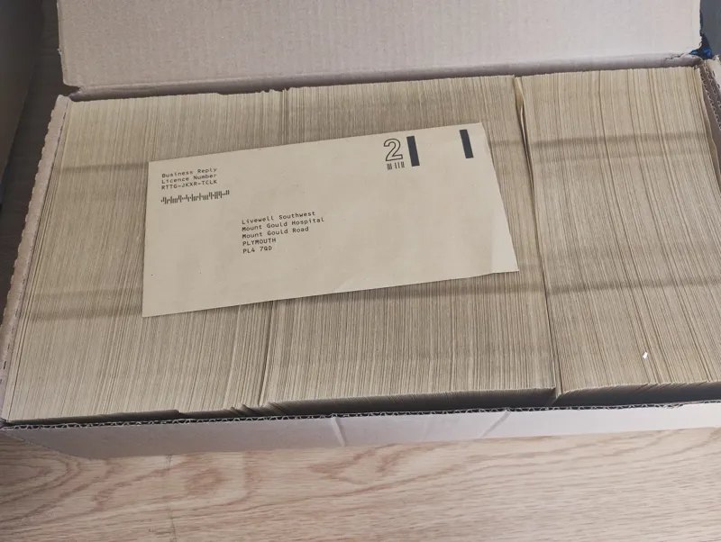 Livewell prepaid return envelopes to Mount Gould Hospital Approx 1000