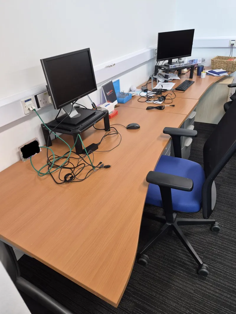 2 x symmetrical curved large wood office desks
