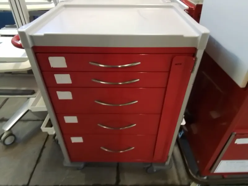 Red and white medical/hospital trolley with 6 drawers , we have 3 red and 1 blue