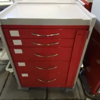 Red and white medical/hospital trolley with 6 drawers , we have 3 red and 1 blue