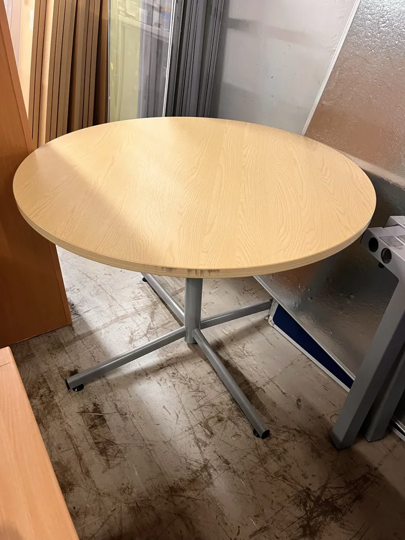 Round Light Oak Veneer Cafe Table with Metal Base