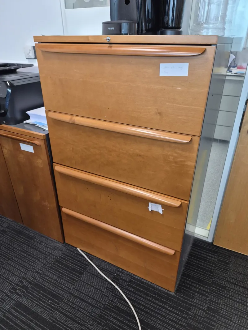 Large wooden cabinet, four metal drawers