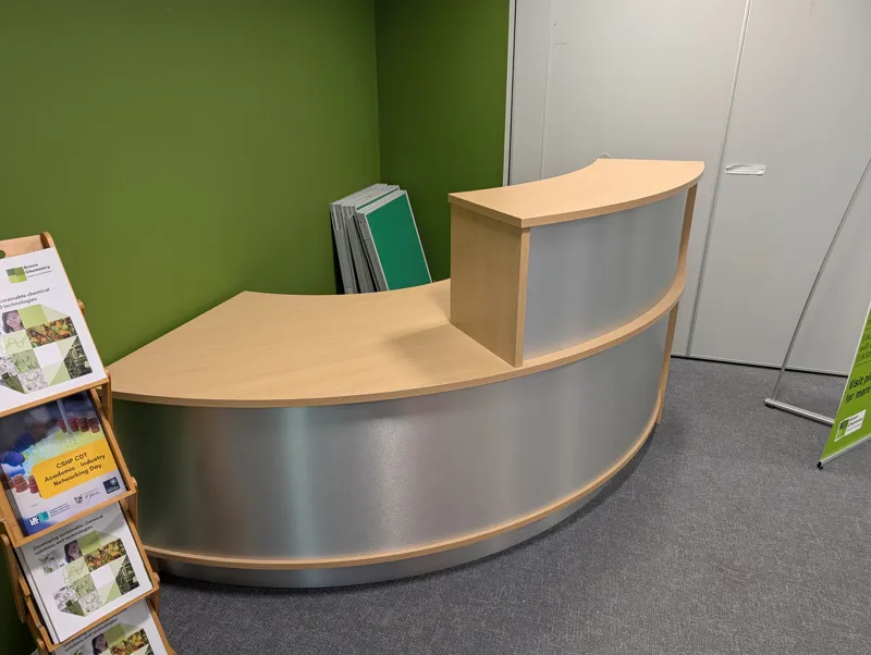 Curved Reception Desk with Shelving - Light Oak & Grey