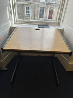 Light Wood Desk with Black Legs and Built-in Cable Tray