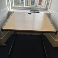Light Wood Desk with Black Legs and Built-in Cable Tray