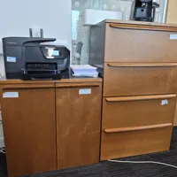 Large wooden cabinet, four metal drawers