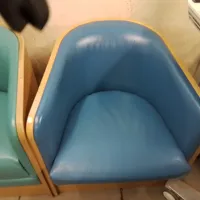 Blue Upholstered Tub Chair with Natural Wood Frame very heavy