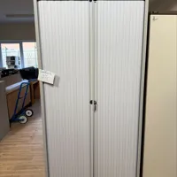 White Vertical Tambour Cabinet with Lockable Doors