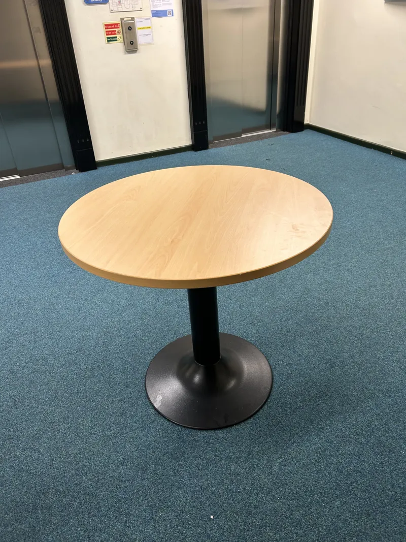 Circular Wooden Bistro Table with Black Pedestal Base
