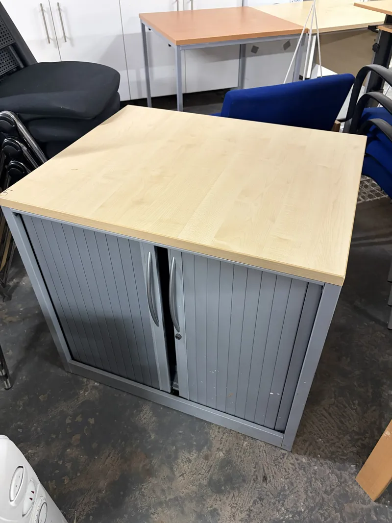 Light Wood Desk with Grey Storage Cupboard