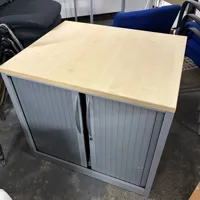 Light Wood Desk with Grey Storage Cupboard