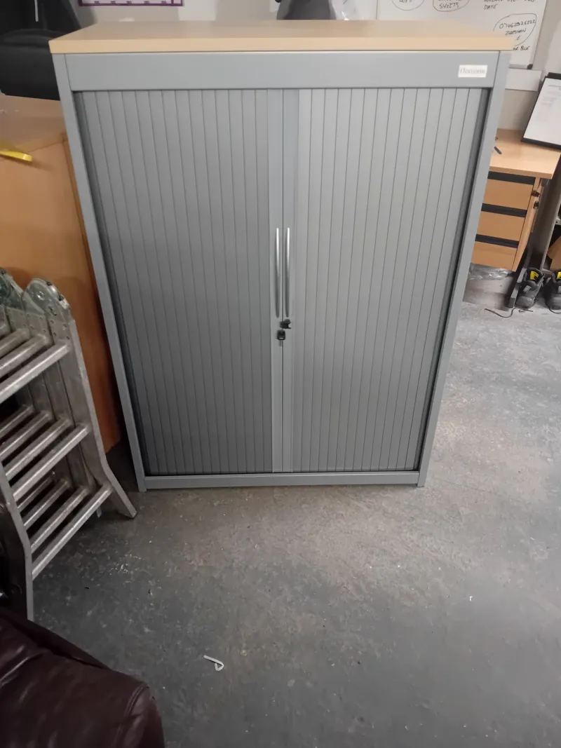 Grey Tambour Door Cabinet with Wooden Top