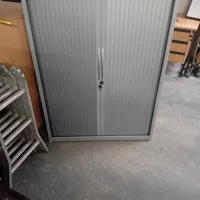 Grey Tambour Door Cabinet with Wooden Top