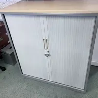 White Tambour Door Storage Cabinet with Natural Wood Top