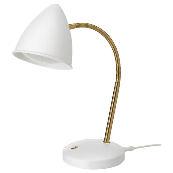 White and Brass Desk Lamp with Curved Arm