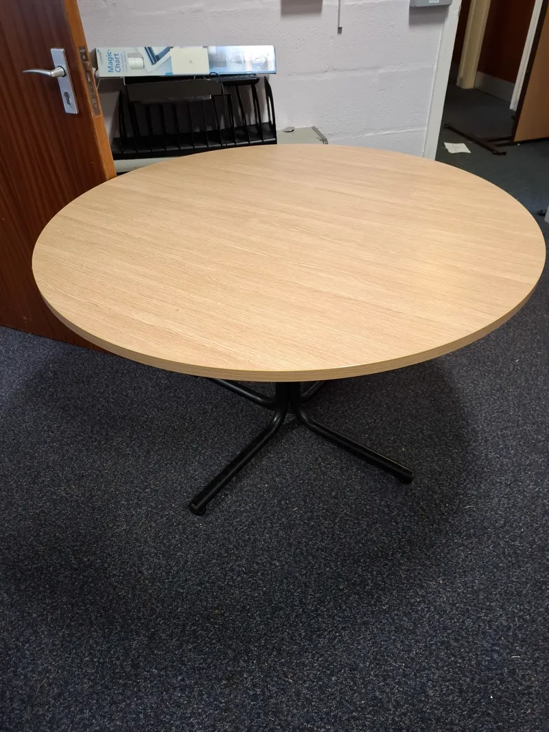 Round Timber Meeting Table with Black Pedestal Base