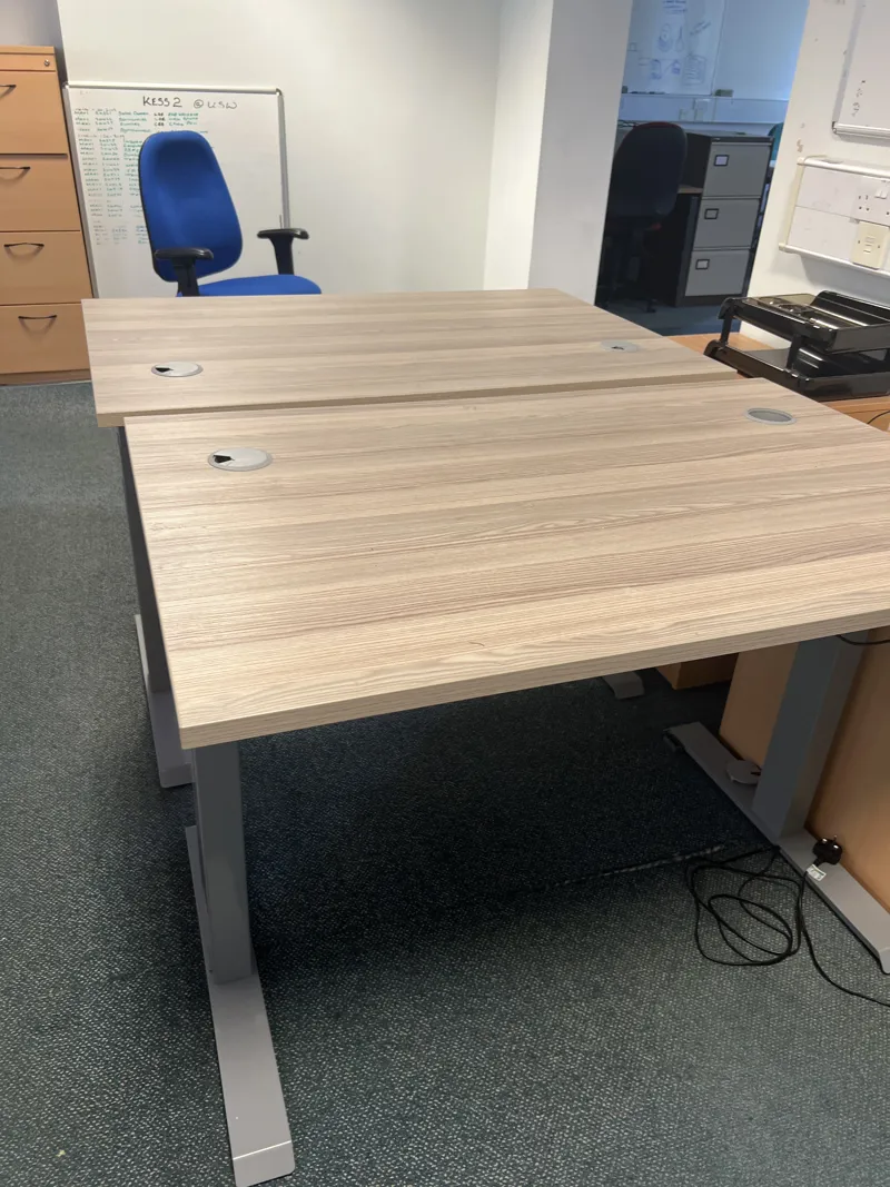 Light oak desk with cable management, grey frame