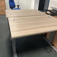 Light oak desk with cable management, grey frame
