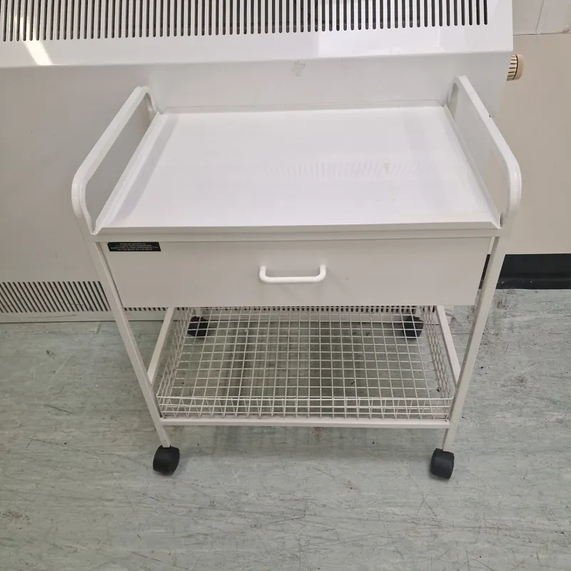 White Mobile Utility Cart with Storage Drawer and Wire Shelf