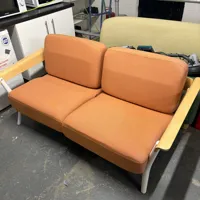 Orange 2-Seater Sofa with Wooden Arms
