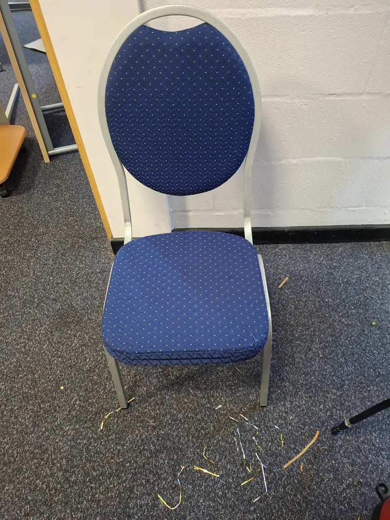 Stacking Chair with Blue Patterned Seat and grey Frame