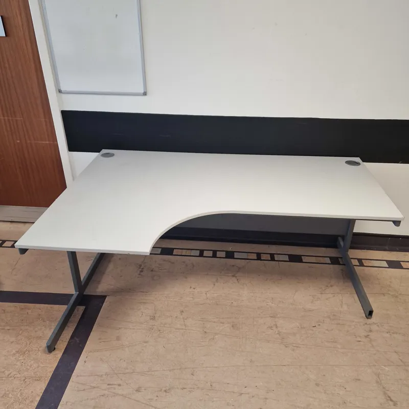 L/H CURVED Desk with White Top and grey Accent Panel